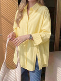 Plus Size Women'S Solid Color Casual Versatile Side Slit Long Sleeve Shirt - Yellow