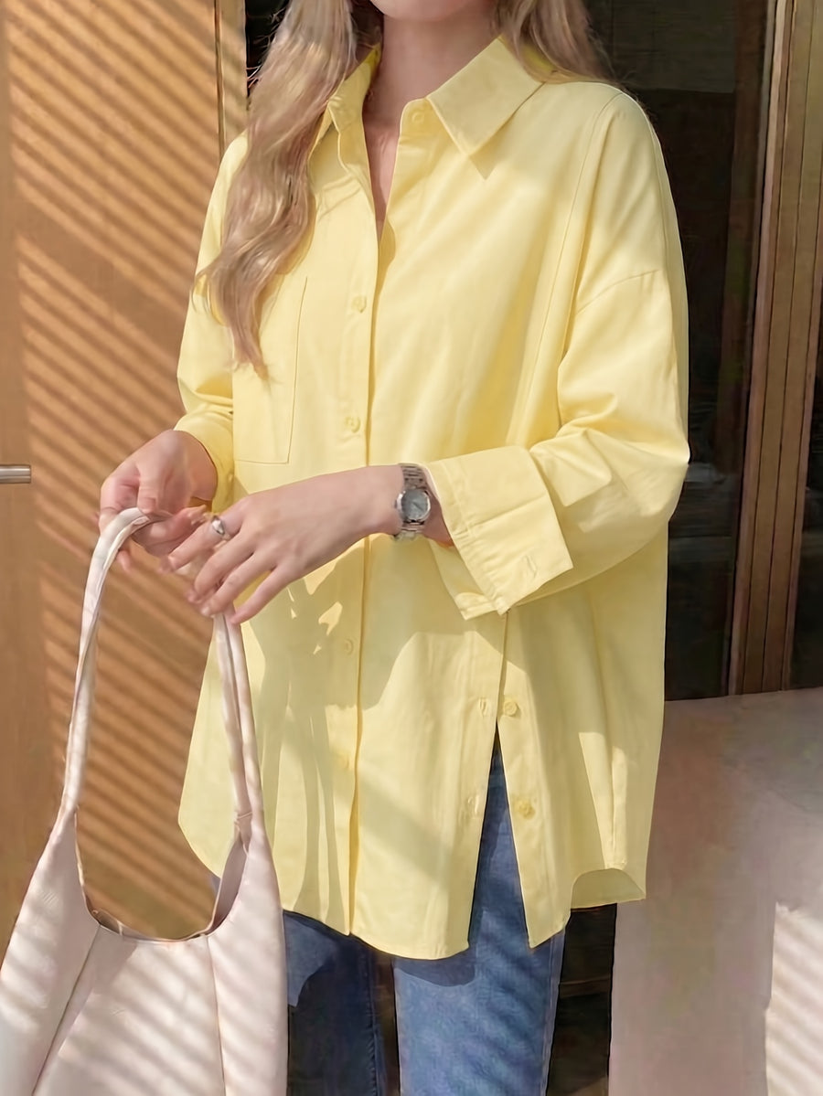 Plus Size Women'S Solid Color Casual Versatile Side Slit Long Sleeve Shirt - Yellow