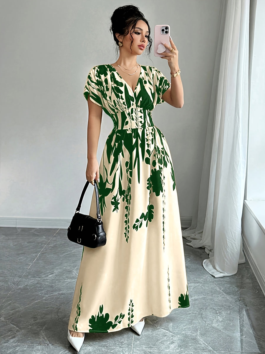 2026 New Summer Black And White Ink Print V-Neck Waist-Cinching Long Dress | Short-Sleeve Elegant Dress Suitable for Upscale Commuting And Dating Outfits - Dark Green