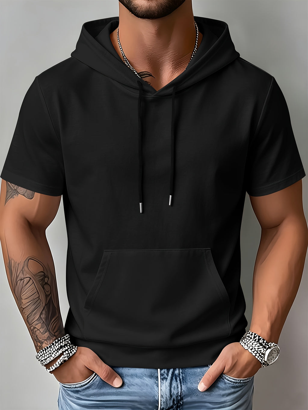Men's Casual Short-sleeved Summer Hoodie Sweater Pure Color Outdoor Versatile Top Suitable for Sports And Commuting Fashionable And Comfortable Sweater - Black