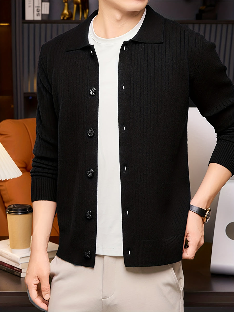 [Starry Prosperity] Autumn Winter Men'S Knit Solid Color Ribbed Open Cardigan Long Sleeve Casual Vertical Striped Lapel Sweater Jacket - Black