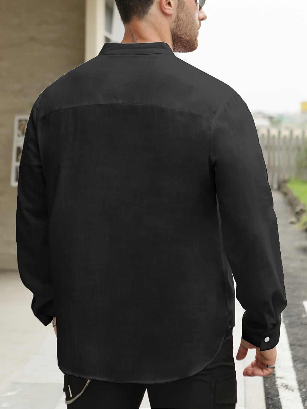 Men's Lightweight Thin Striped Stand Collar Half-Placket Solid Color Long Sleeve Shirt WISH Twill Loose Vintage Shirt - Black