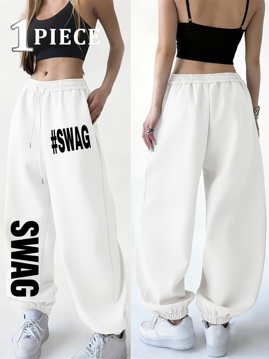Spring/Winter New Women's Jogger Pants with Cuffed Hem, White Printed Casual Trousers. Made of Easy-care, Soft, and Warm Fabric, Machine Washable. Features Letter Print for Home Wear, Suitable for Travel, Home, and Outdoor Outings. Solid Color - White