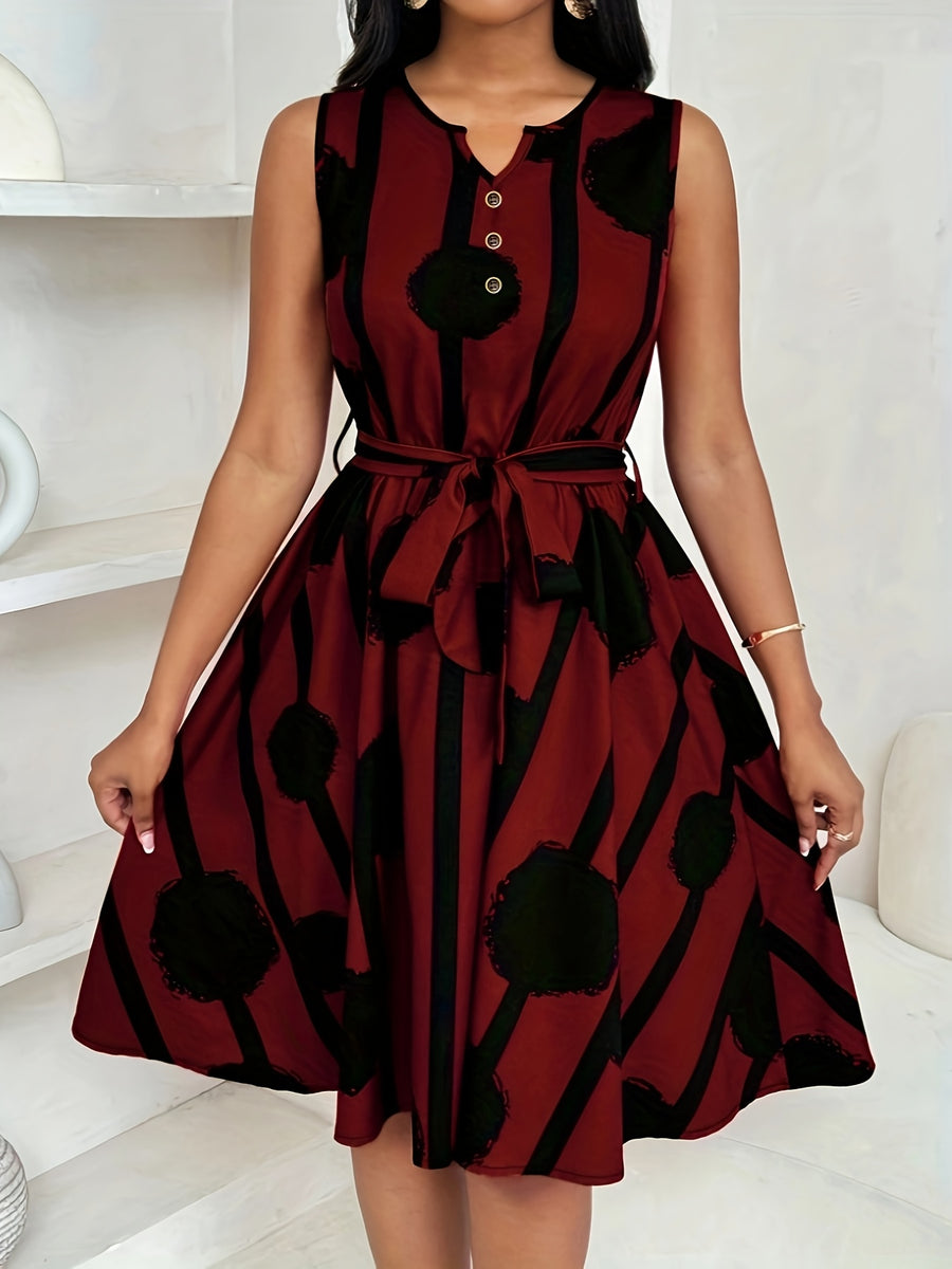 Elegant Sleeveless Belted Dress for Women - Burgundy