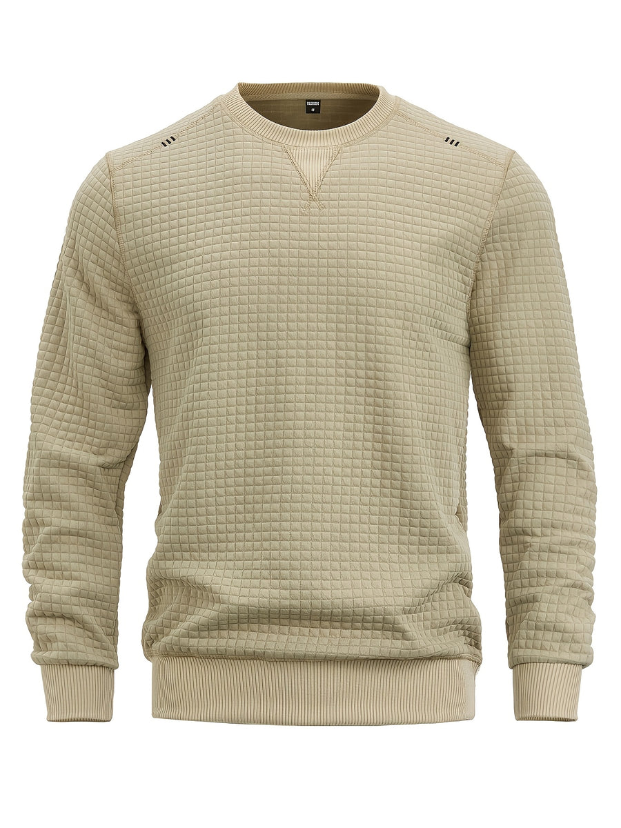 Men'S Textured Waffle Knit Sweatshirt Long Sleeve Crew Neck Pullover Lightweight Breathable Athletic Casual Top Soft Stretch Thermal Shirt Fit Sports Training Running Gym Workout Golf Outdoor Travel Everyday Wear Fashion Streetwear Basic Sweater - Khaki