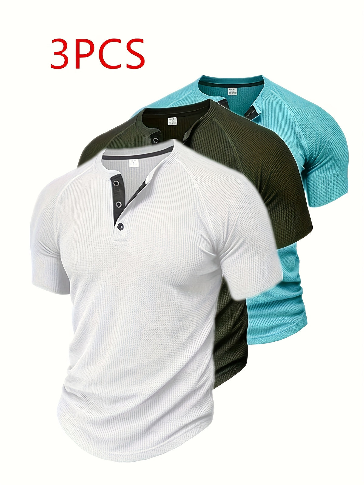 (Set of 3) Men'S Loose-Fitting Solid Color Henley Short-Sleeve, Round Neck Half-Button T-Shirt, Suitable for Outdoor Activities in Spring And Summer. - White Army Green Lake Blue