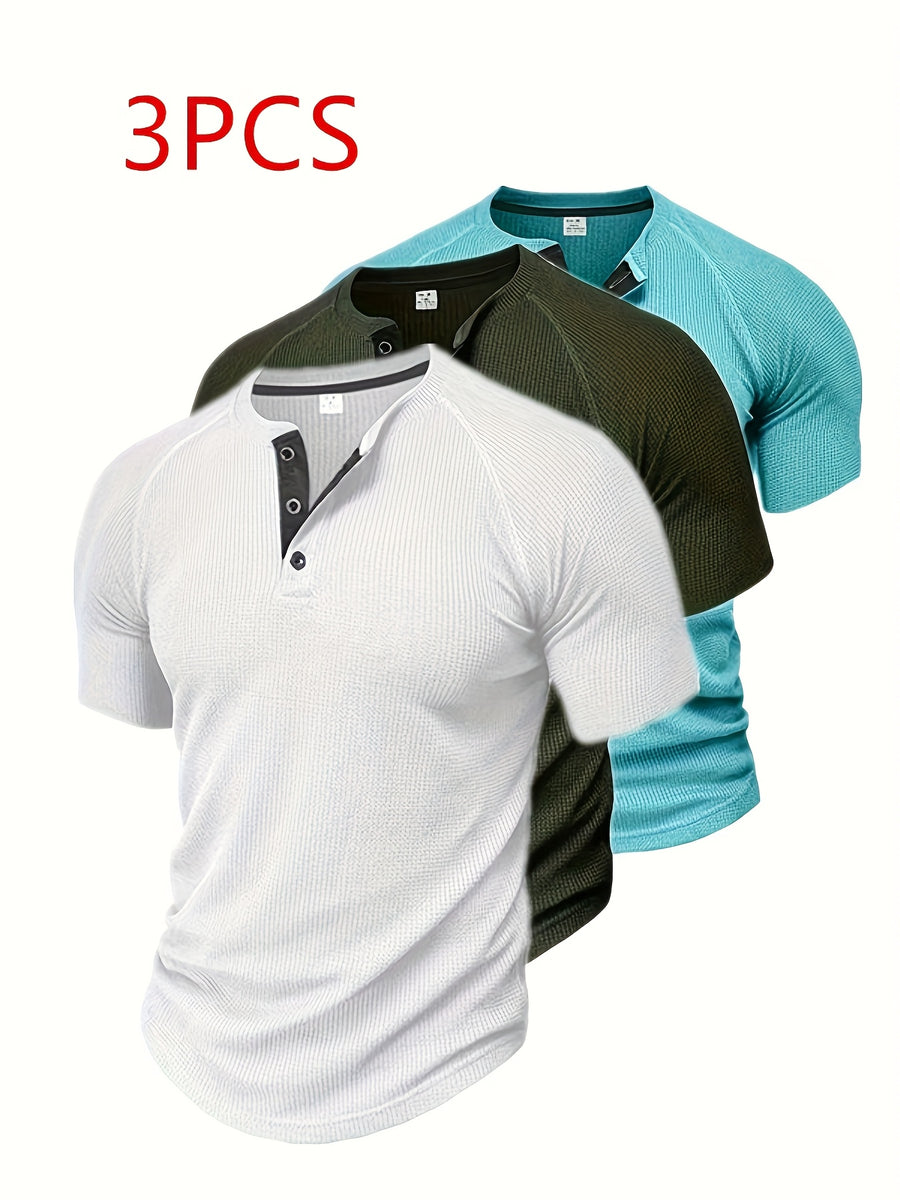 (Set of 3) Men'S Loose-Fitting Solid Color Henley Short-Sleeve, Round Neck Half-Button T-Shirt, Suitable for Outdoor Activities in Spring And Summer. - White Army Green Lake Blue