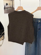 New Fashion Women'S Fresh Solid Color Short Round Neck Asymmetrical Button Accessory Design Fashion Sleeveless Beautiful Sweater Vest, Multi-Functional Vest, Suitable for Daily Commute, Home Comfort, Summer Nights, Parties And Gatherings - Coffee Color