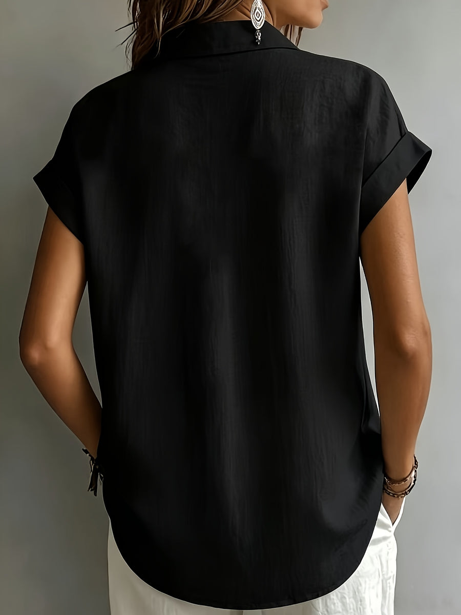 Women'S Elegant Vacation Style Short Sleeve Top, Loose Lazy Shirt, Commute Casual Literary Style, And Covering, Daily Temperament Style, Loose Drape, Breathable And Comfortable - Black