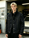 Men Solid Color Stand Collar Denim Jacket, Contrast Stitching Offset Placket with Metal Snap Buttons, Chest Patch Pockets and Side Insert Pockets, Loose Dropped Shoulder Cropped Fit, Casual Versatile Long Sleeve Coat for Young Men Daily Street Wear - Black