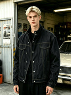 Men Solid Color Stand Collar Denim Jacket, Contrast Stitching Offset Placket with Metal Snap Buttons, Chest Patch Pockets and Side Insert Pockets, Loose Dropped Shoulder Cropped Fit, Casual Versatile Long Sleeve Coat for Young Men Daily Street Wear - Black