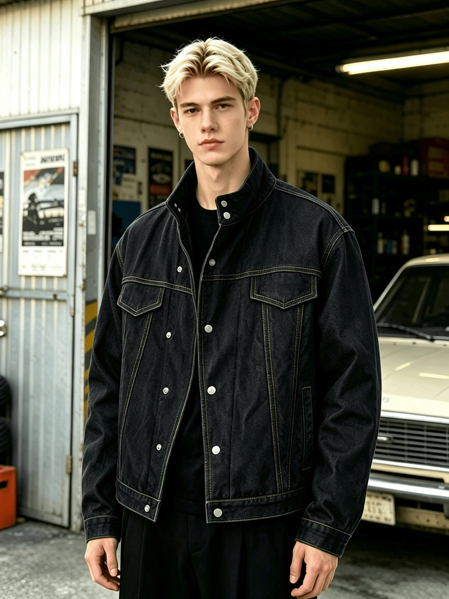 Men Solid Color Stand Collar Denim Jacket, Contrast Stitching Offset Placket with Metal Snap Buttons, Chest Patch Pockets and Side Insert Pockets, Loose Dropped Shoulder Cropped Fit, Casual Versatile Long Sleeve Coat for Young Men Daily Street Wear - Black