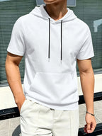 Men's Casual Short-sleeved Summer Hoodie Sweater Pure Color Outdoor Versatile Top Suitable for Sports And Commuting Fashionable And Comfortable Sweater - White