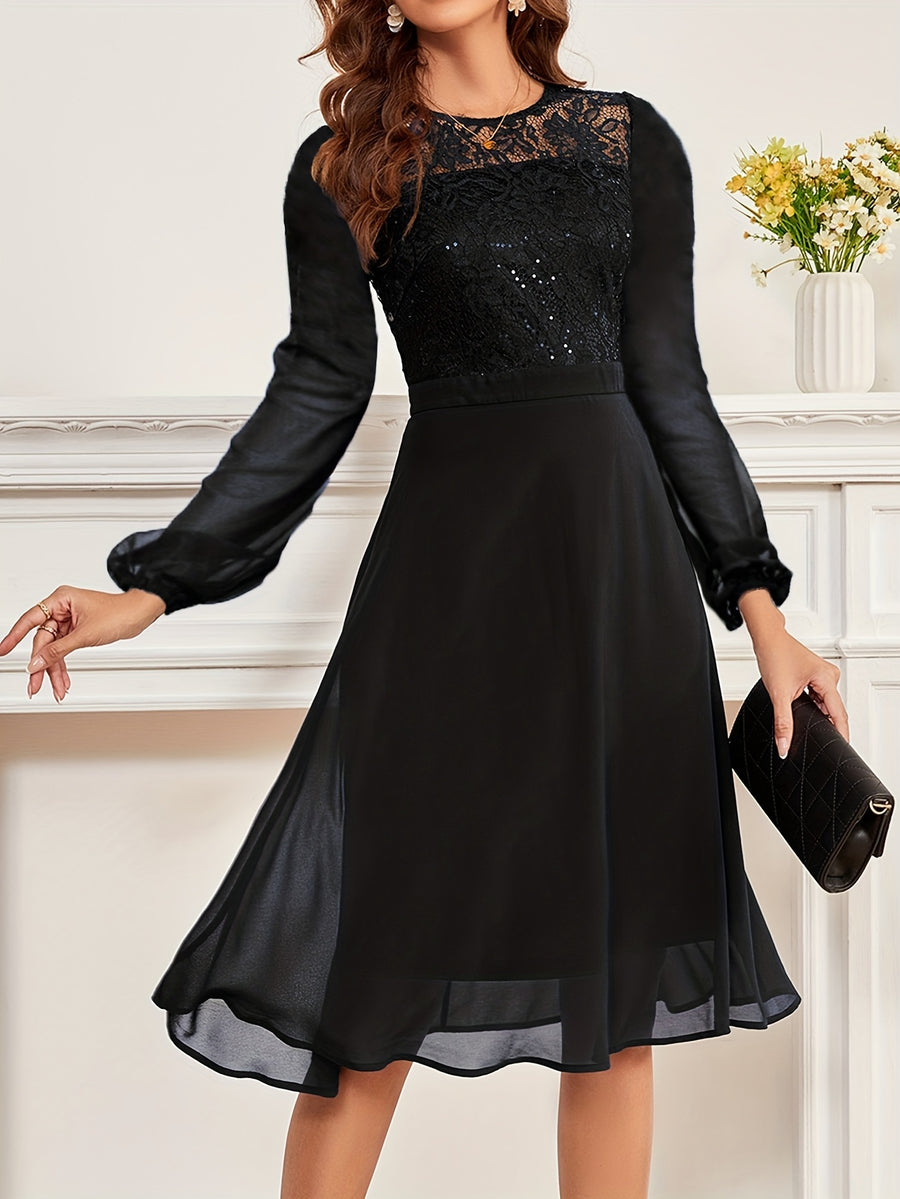 Women's Wedding Bridesmaid Dress, Chiffon Sequin Lace Long Sleeve Midi Cocktail Dress - Black