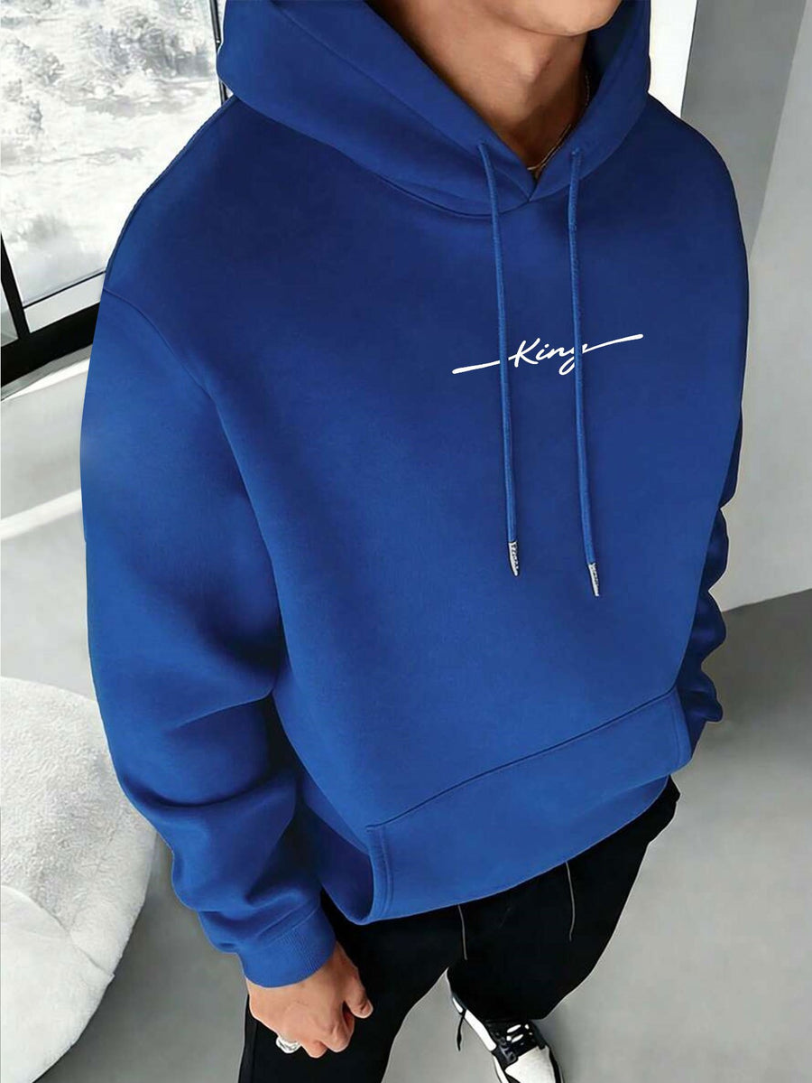 American High Street Handwritten Signature Hooded Sweatshirt for Men, Trendy Casual Pullover Top, Versatile Daily Wear, Slimming Long Sleeve Commuter Hoodie - Blue