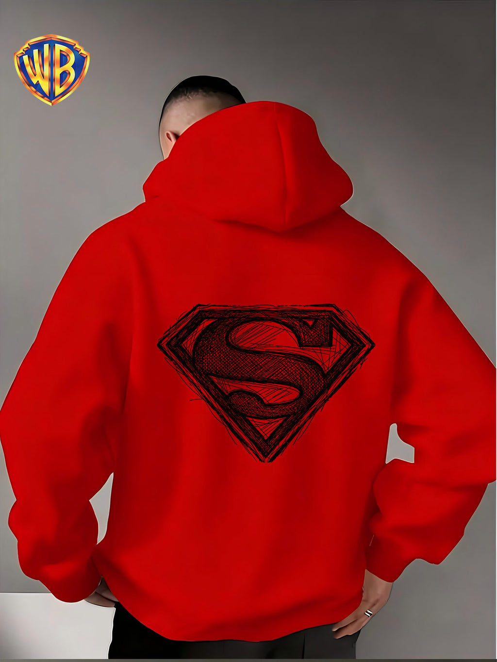 Warner Bros. Superman Sketch Print Hooded Sweatshirt, Men's Loose Fit Casual Top, Versatile and Comfortable Autumn/Winter Sweatshirt - Red