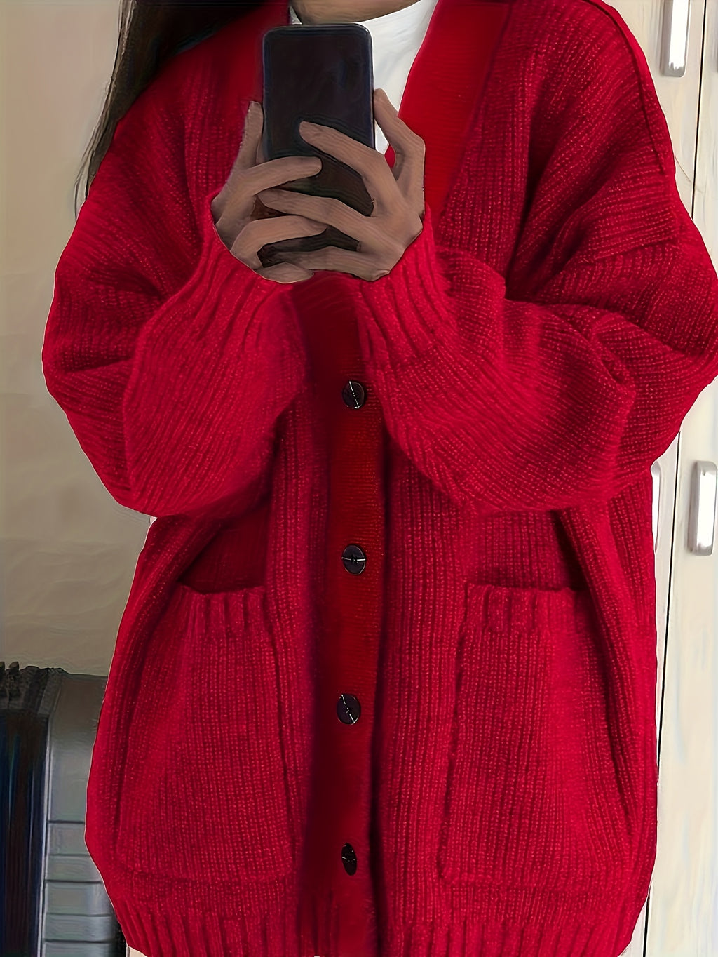 Women'S Autumn Winter New V-Neck Single Button Long Sleeve Solid Color Cardigan - Brick Red