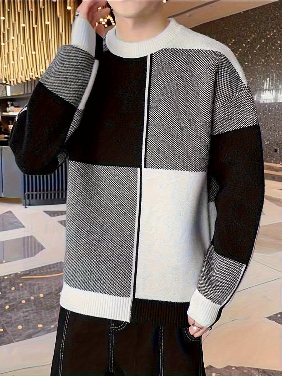 Men's Color-Block Sweater Fall Winter Warm Round Neck Sweater Suitable for Daily Wear & Layering, Color-Blocking with Ribbed Collar, Hand Washable Stretchable Sweaters for Office, Casual Outfits - Black