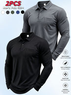 2pcs Men'S Long Sleeve Polo Shirt with Chest Pocket Design, Soft, Smooth, Wrinkle-Resistant And Casual Button Neck T-Shirt, Suitable for Spring And Autumn Wear, Lightweight Daily Commuting, Outdoor Sports, Business Basic Clothing - Black+gray