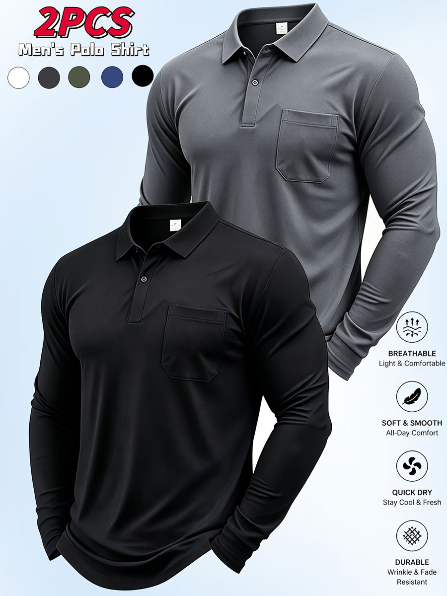 2pcs Men'S Long Sleeve Polo Shirt with Chest Pocket Design, Soft, Smooth, Wrinkle-Resistant And Casual Button Neck T-Shirt, Suitable for Spring And Autumn Wear, Lightweight Daily Commuting, Outdoor Sports, Business Basic Clothing - Black+gray