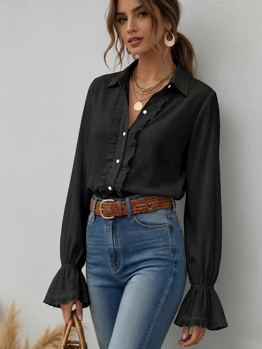 Women'S Solid Elegant Ruffled Button-Up Long Sleeve Shirt - Black