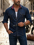 Men's Vintage Denim Shirt for Spring and Autumn, Loose Fit Casual Long Sleeve Shirt with Square Button, Trendy Distressed Outerwear, Youthful Stylish Layering Workwear Top, Versatile for Layering and Outerwear, Hand-Washed Blue Denim Shirt - Navy Color