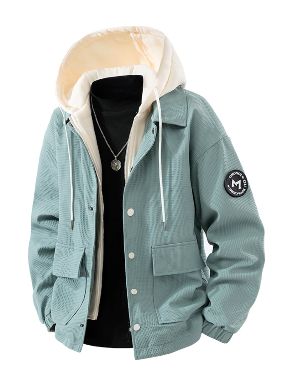 Spring Autumn New Men'S Hooded Color-Block Jacket Contrast Patchwork Coat Trendy Street Style Men'S Casual Top Daily Outing All-Match Men'S Jacket - Bean Green