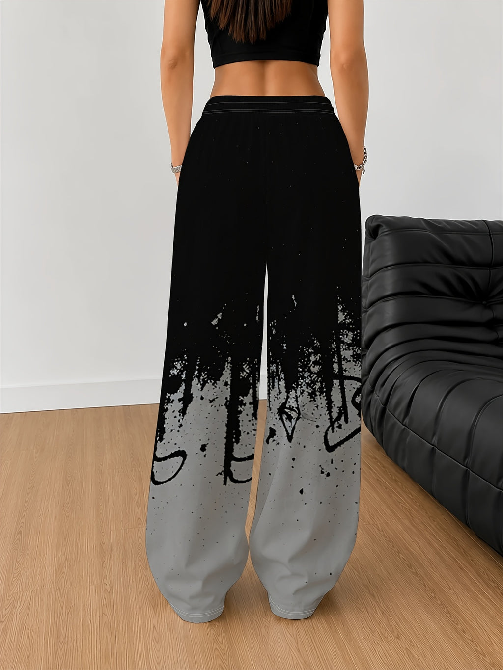 Women's Minimalist Wide-Leg Trousers with Ink-Splatter Hand-Painted Print - Black & White Gradient Straight Leg Pants, Adjustable Drawstring Waist, Loose Fit for Casual, Office, | Machine Washable Suitable for Daily and Swear - Mixed colors
