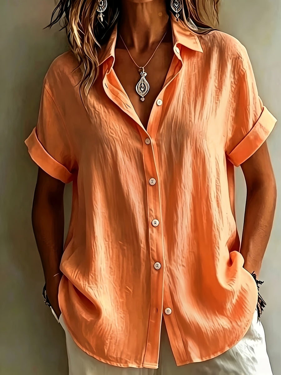 Women'S Elegant Vacation Style Short Sleeve Top, Loose Lazy Shirt, Commute Casual Literary Style, And Covering, Daily Temperament Style, Loose Drape, Breathable And Comfortable - Orange-Red