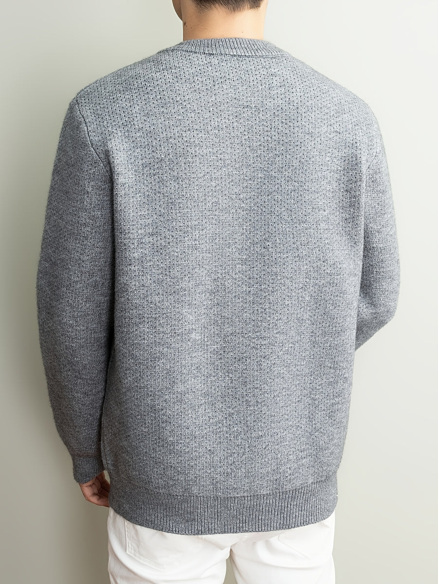[Wading Whale OBM] 1pc Autumn Winter New Men'S Knit Cardigan, Old Money Style Textured Solid Color Round Neck Open Front Single Button Long Sleeve Sweater Base Layer Top, Men'S Casual Fashion, Suitable for Autumn And Winter Wear, Fits Daily Commute - Grey