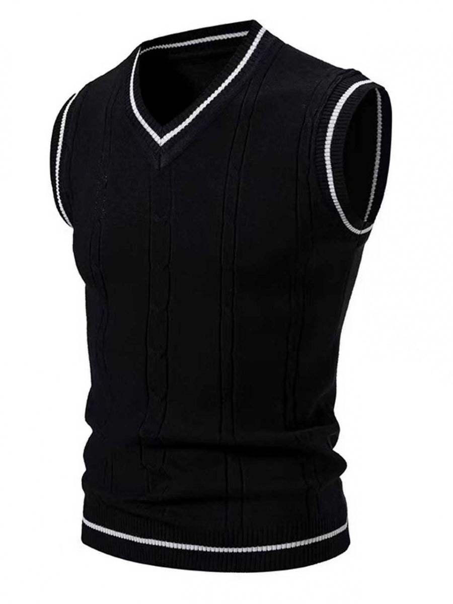 Men's V-neck Knitted Vest, Academic Style Striped Sleeveless Sweater, Spring/Autumn Business Casual Waistcoat - Black