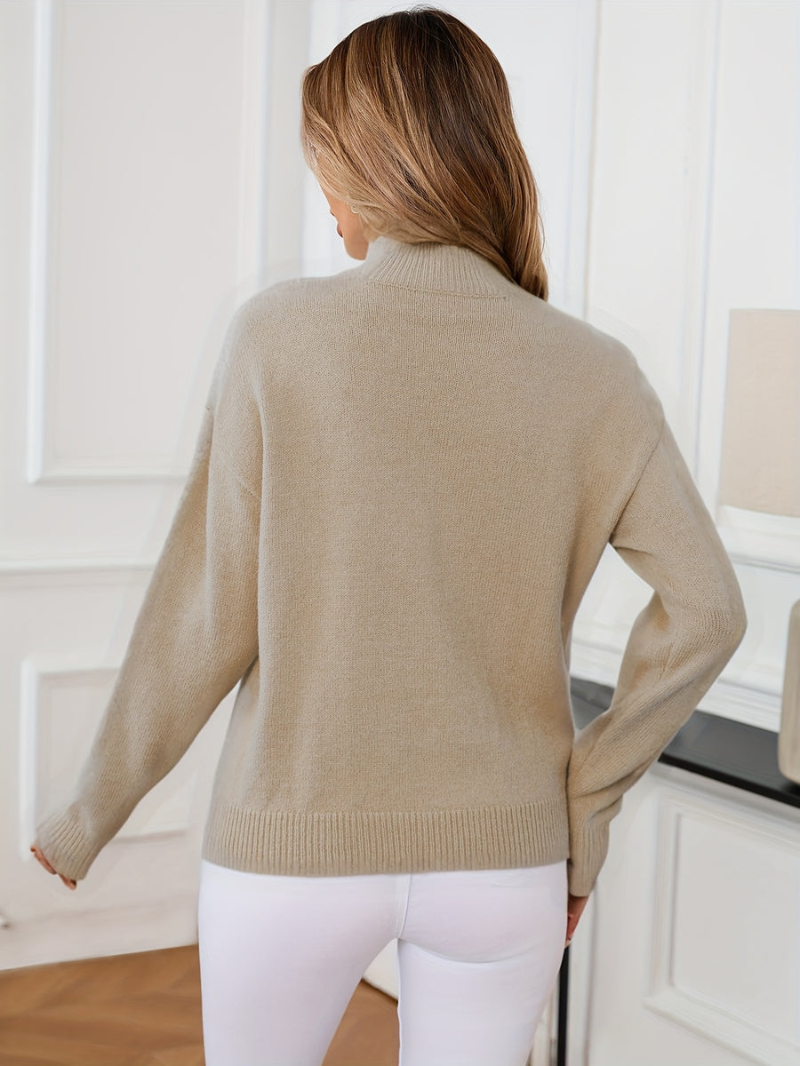 Women's Solid Color Elegant Mock Neck Long Sleeve Drop Shoulder Pullover Sweater - Apricot