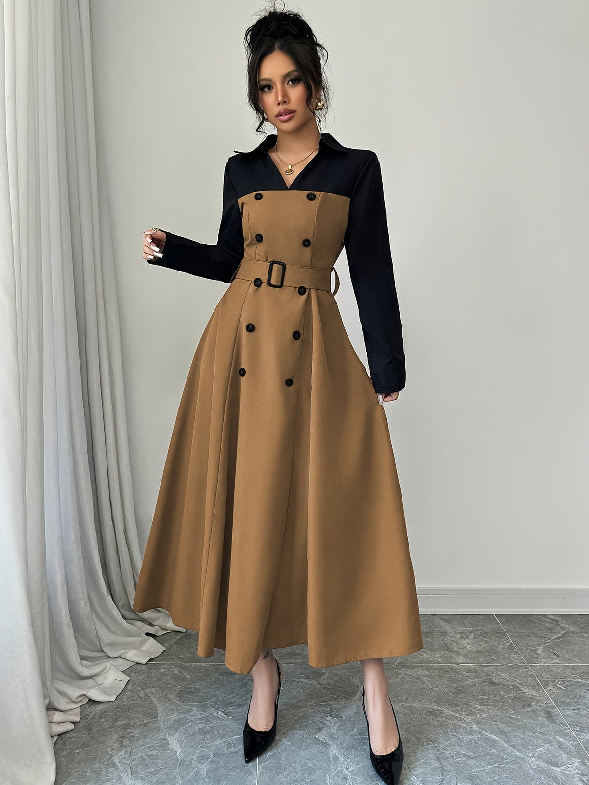 Fashionable Versatile Elegant Commute V-Neck Patchwork Contrast Solid Long Sleeve Waist-Cinching Belt Dress - Rust