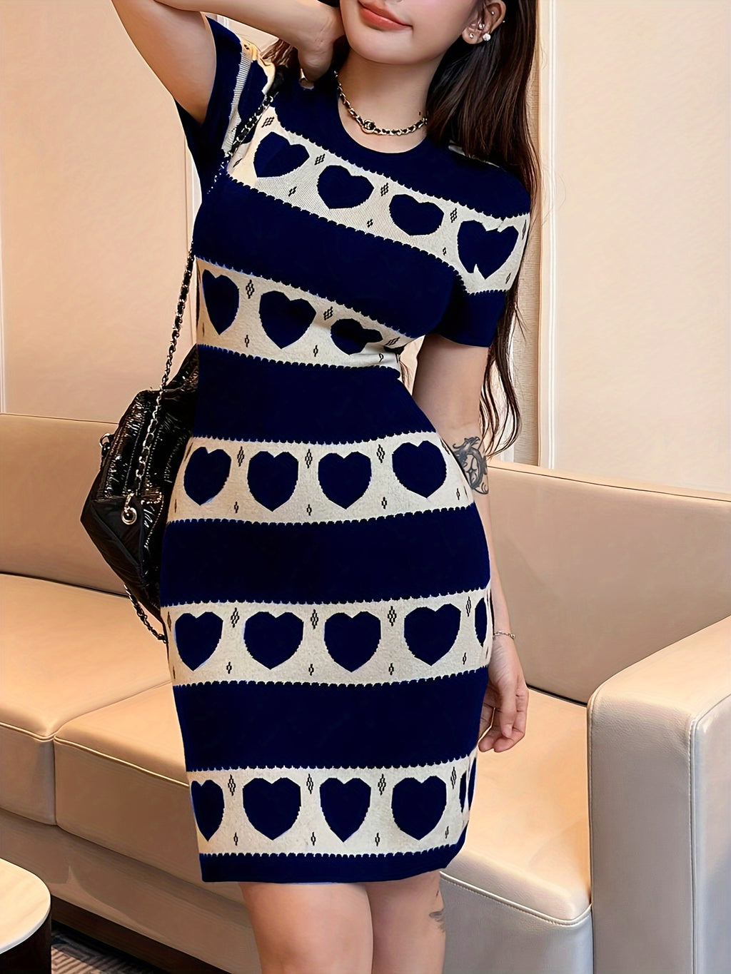 Women'S Summer Fitted Short-Sleeve Dress with Heart Pattern - Sea Blue
