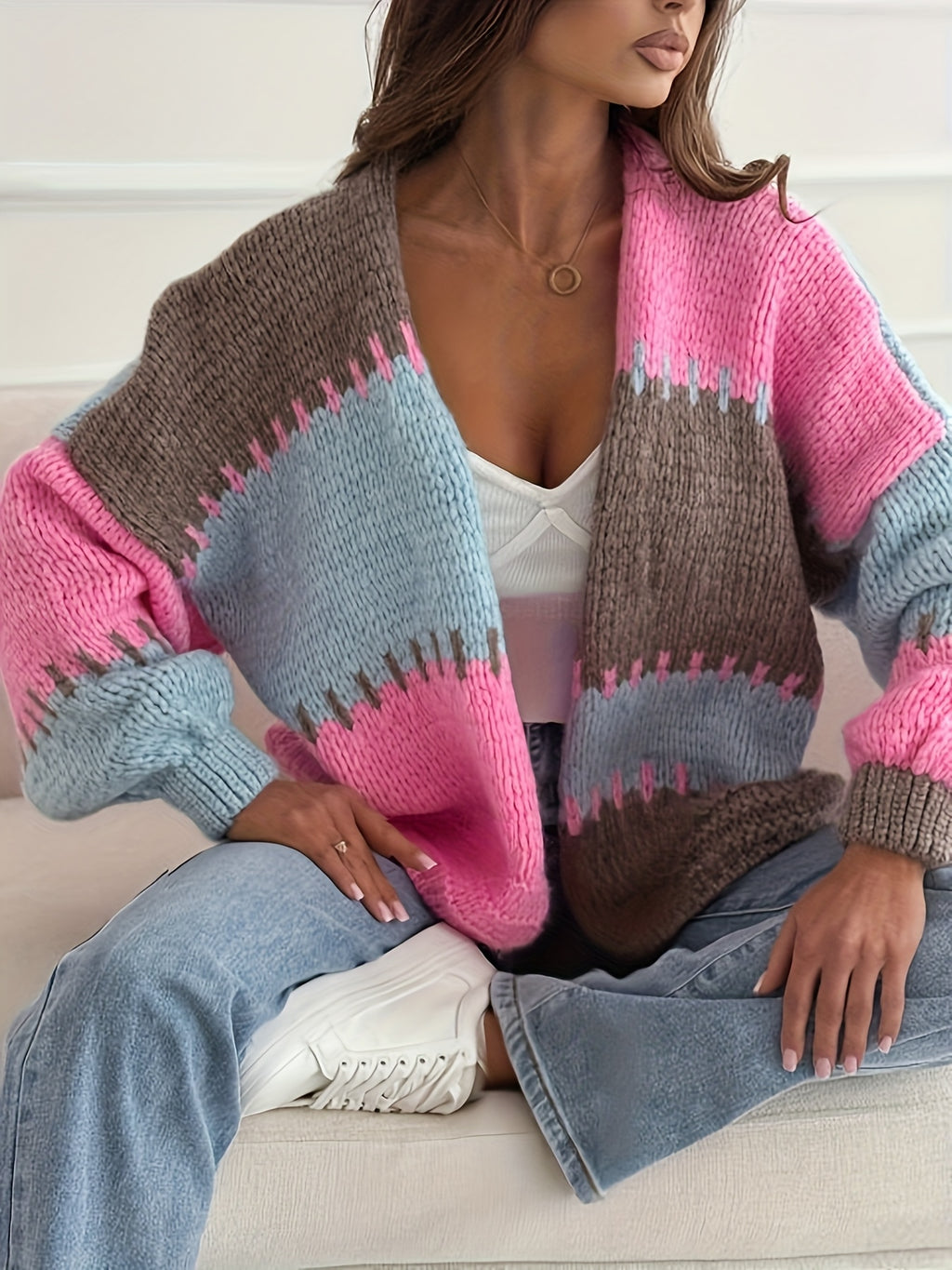 Women'S Color-Blocked Casual Cardigan Sweater, Loose, Soft, And Comfortable Jacket - Mixed colors