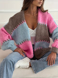 Women'S Color-Blocked Casual Cardigan Sweater, Loose, Soft, And Comfortable Jacket - Mixed colors