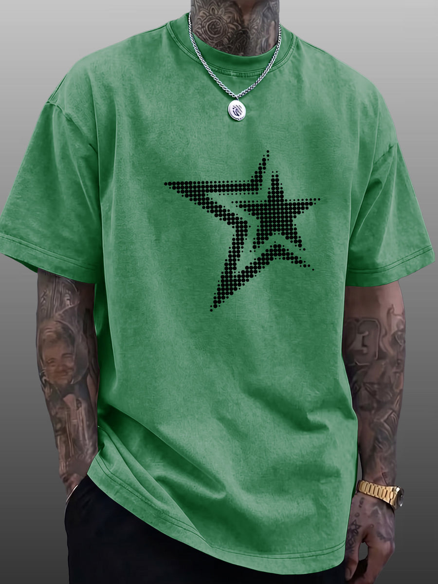 Men's Short-Sleeve T-Shirt, Pure Cotton Loose Fit Washed Distressed Half-Sleeve Top, Dot Matrix Overlapping Double Five-Star Trendy Reverse Double-Sided Print, Multiple Colors for Mix & Match, American Streetwear High Street Hip-Hop Y2K National - Green