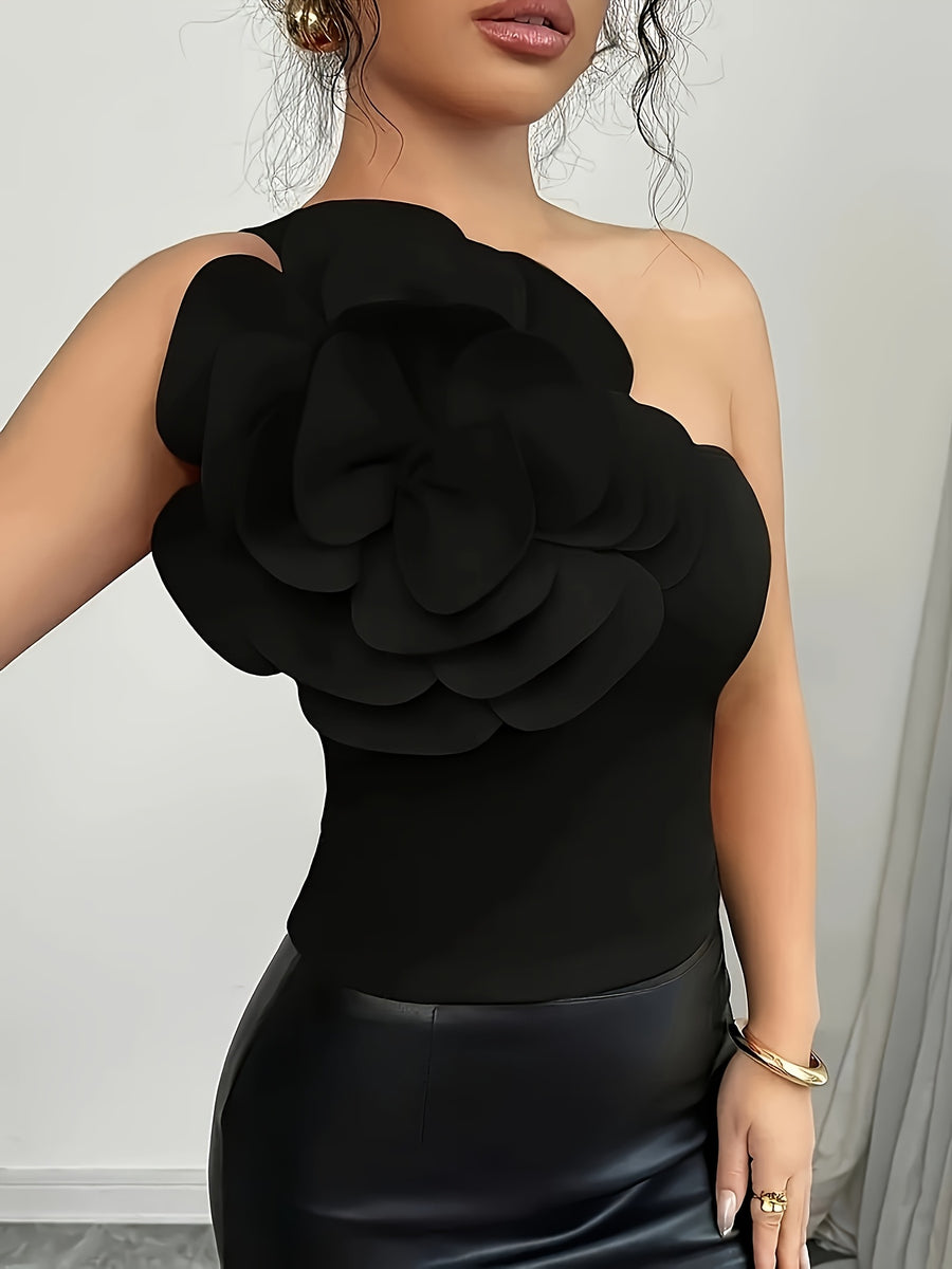 Floral Asymmetrical Neck Slim Sleeveless Casual Top - Black