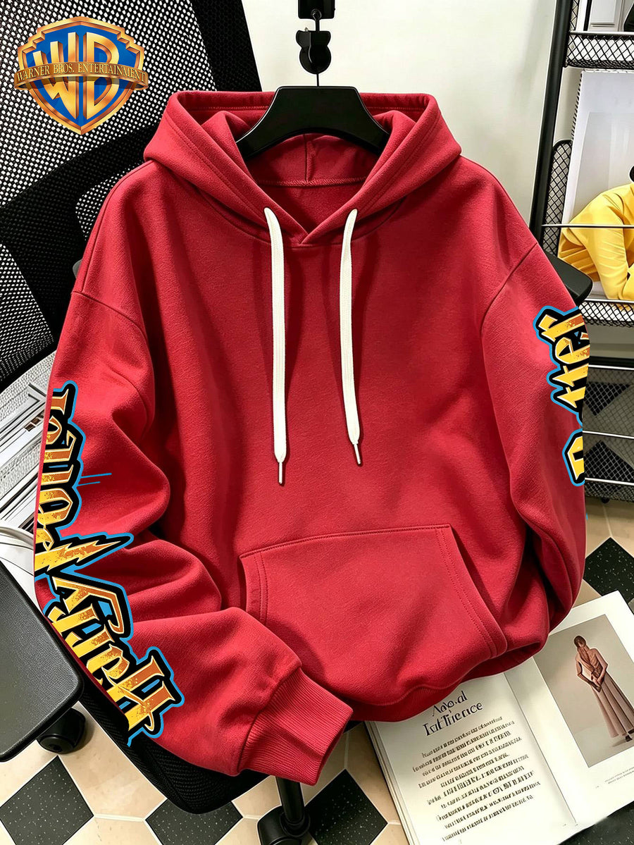 Warner Bros Official 1pc Vintage Golden Pattern Magic Owl Trendy Casual Hoodie - Men's Fashion Hoodie, Adjustable Drawstring Loose and Comfortable Sweatshirt, Suitable for Daily and Outdoor Sports Wear, the Perfect Choice for Warmth in Autumn - Red