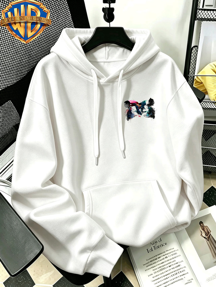 Autumn Winter Trendy Fashion Drawstring Pocket Hooded Men'S Sweatshirt, Ink Splatter Superman Batman Cool Print Design, Sporty Casual Loose Hoodie, Casual Wear for Daily Life, Trendy Style For, Suitable for Home And Outings, Unisex - White