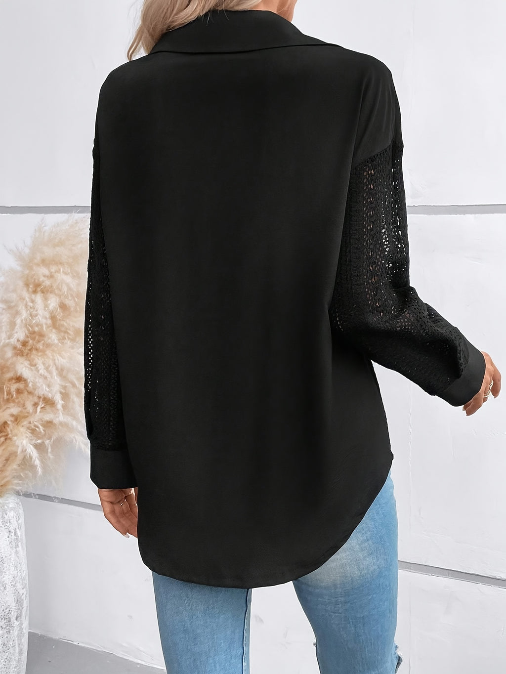 Elegant Semi-Sheer Lace Panel Blouse - Short Sleeve Collar Shirt Jacket-like Button Front, Black & White Two-Tone Pocket Design, Machine Washable Spring Summer Casual & Dressy Outerwear (No) - Black