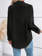 Elegant Semi-Sheer Lace Panel Blouse - Short Sleeve Collar Shirt Jacket-like Button Front, Black & White Two-Tone Pocket Design, Machine Washable Spring Summer Casual & Dressy Outerwear (No) - Black