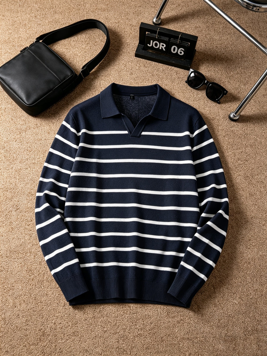 Men's Vintage Nautical Lapel Knit Long-Sleeve Sweater with Classic Thin Horizontal Stripe Design, Relaxed V-Neck Pullover Suitable for Layering or Wearing as a Casual Outerwear Cardigan - Navy Color