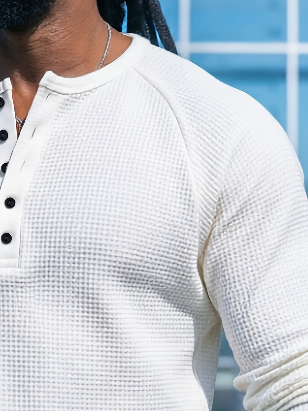 Spring/Summer Raglan Sleeve Waffle Knit Men's Henley Shirt, Japanese-Style Artistic Vintage Long-Sleeve Top, Everyday Essential Item - White