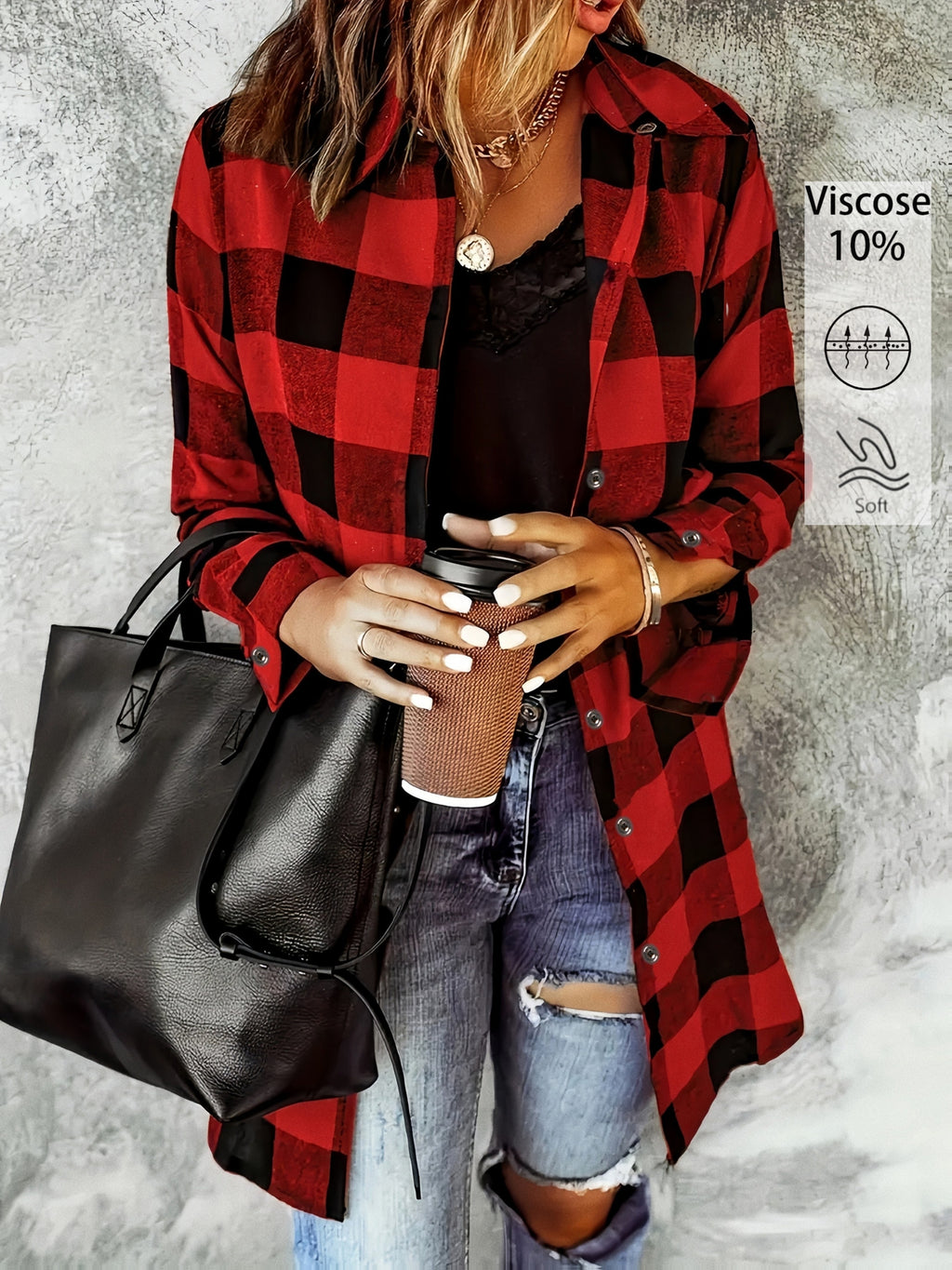 Women's Elegant Collar Button- Shirt - Loose Fit Long Button-Front Plaid Blouse Suitable for Daily Wear, Travel & Office - Machine Washable Classic Shirt - Red And Black Plaid