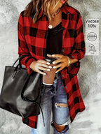 Women's Elegant Collar Button- Shirt - Loose Fit Long Button-Front Plaid Blouse Suitable for Daily Wear, Travel & Office - Machine Washable Classic Shirt - Red And Black Plaid
