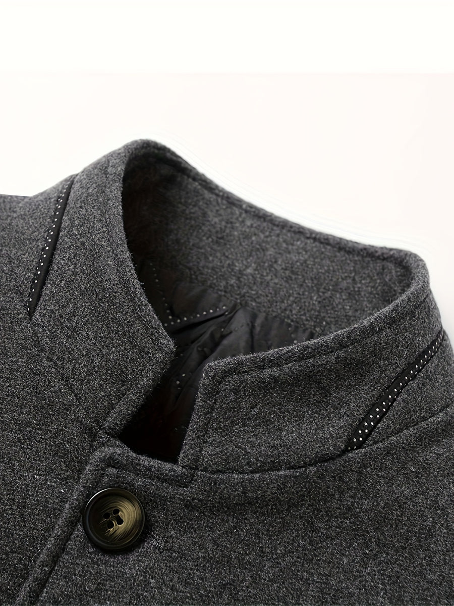 New Men's Tweed Jacket, Mao Suit Style Stand Collar Autumn/Winter Outerwear, Men's Tweed Sports Jacket - Grey