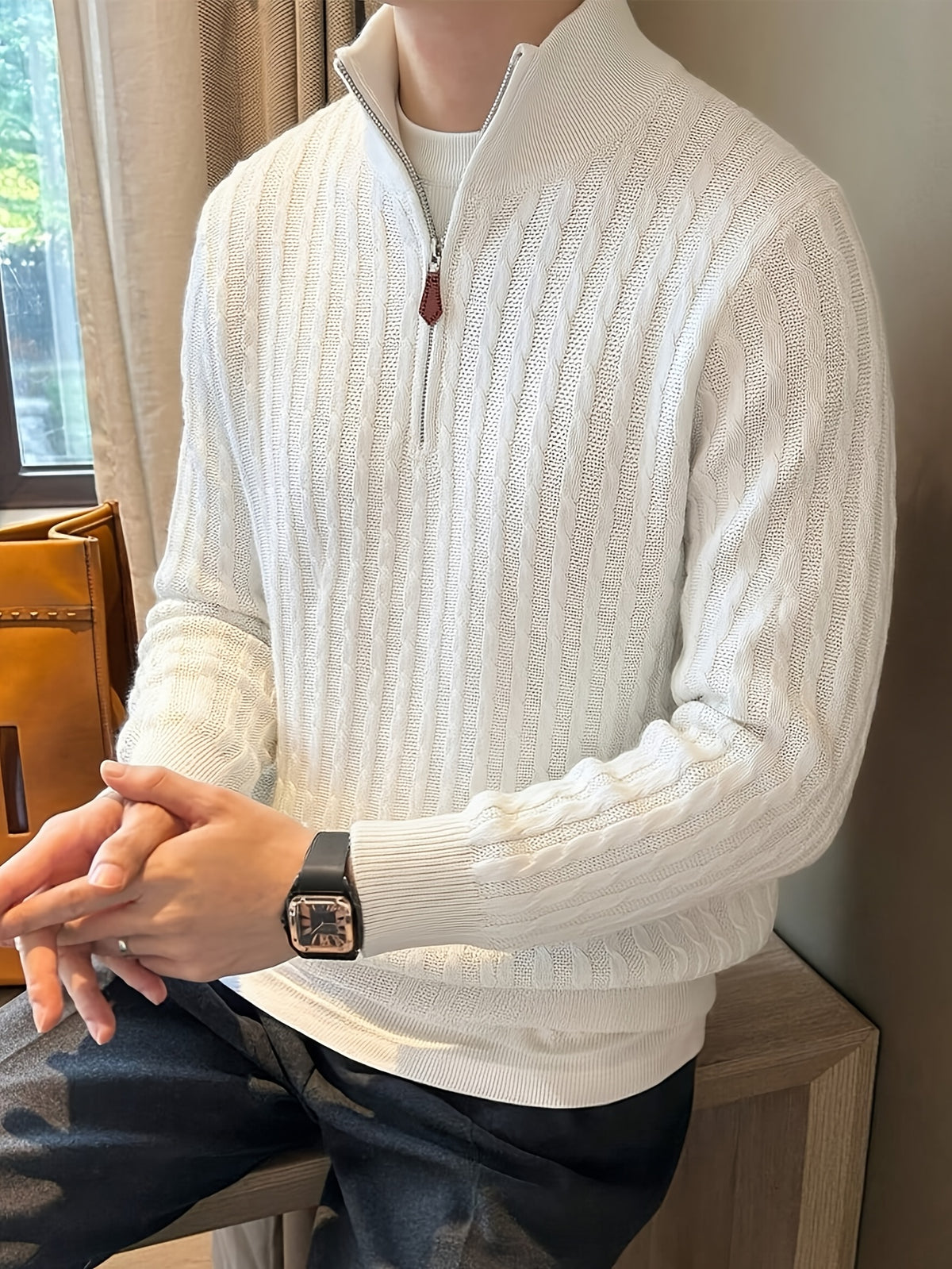 Men'S Casual High-Neck Old Money Style Half-Zip Contrast Color Knit Sweater Autumn Winter Trendy Retro Jacquard Knit Business Casual Solid Color Base Layer Top Winter Clothes for Men - White