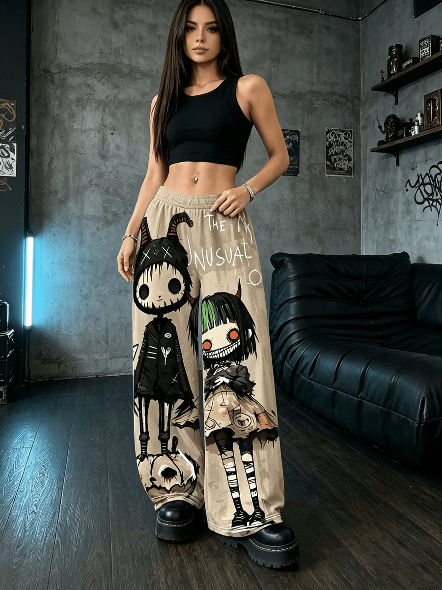 Women'S Digital Print Spring Summer Autumn Retro Horror Doll Cartoon Printed Women'S Trousers, Punk Y2K Subculture Loose Drapey Wide-Leg Pants - Apricot
