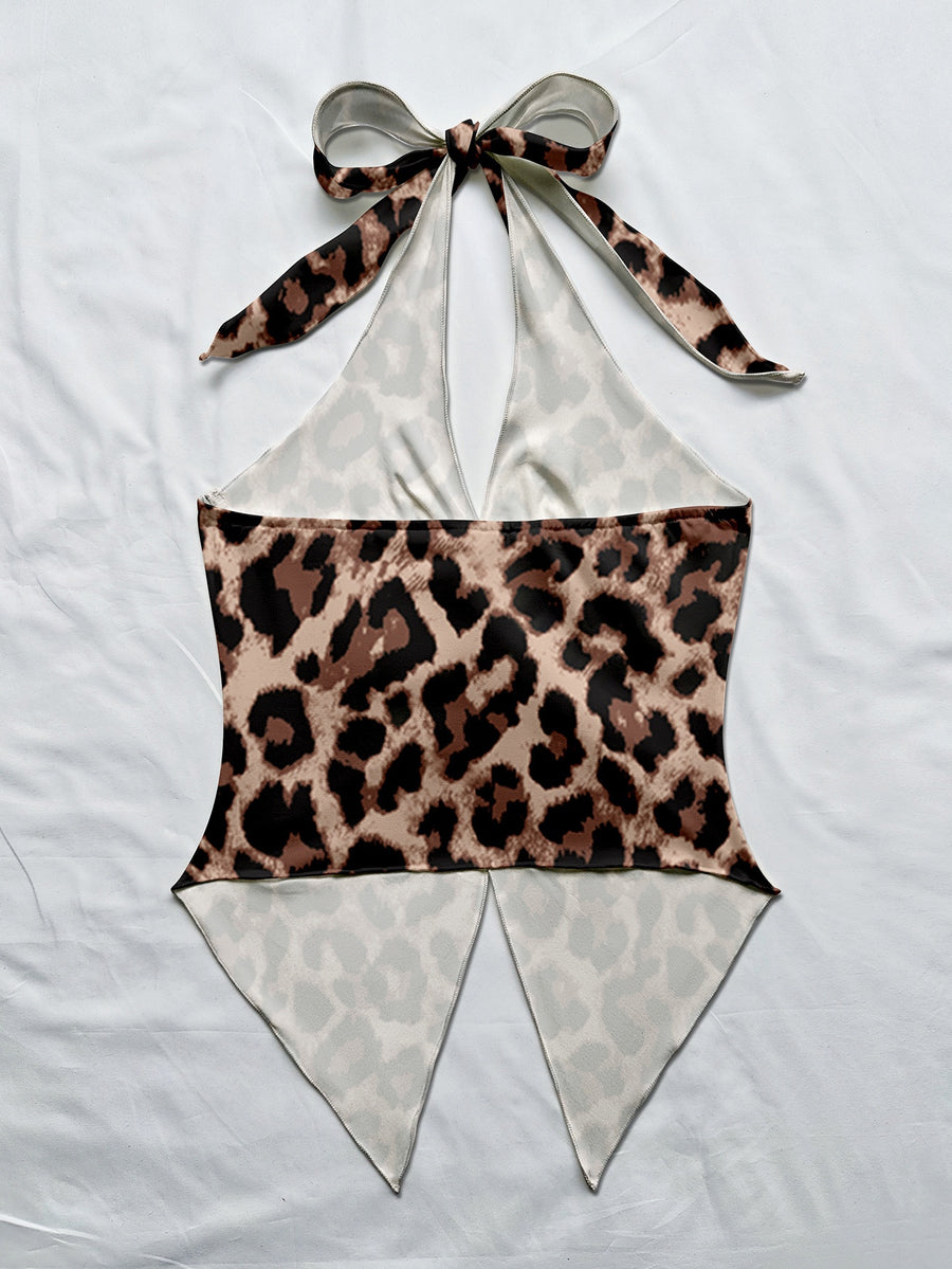 Women'S Spring/Summer Fall Boho Beach Vacation Outfits Marine Floral Leopard Print Trim Bustier Slim Fit Camisole Halter Top, Y2K Vintage Concert Outfit - Sepia